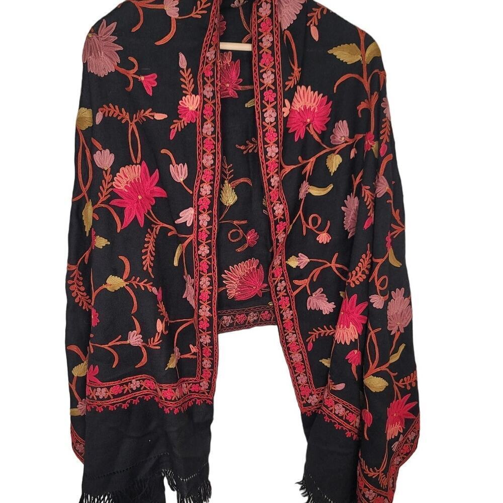Kashmir Wool Shawl Wrap Throw Black, Multicolor Embroidery